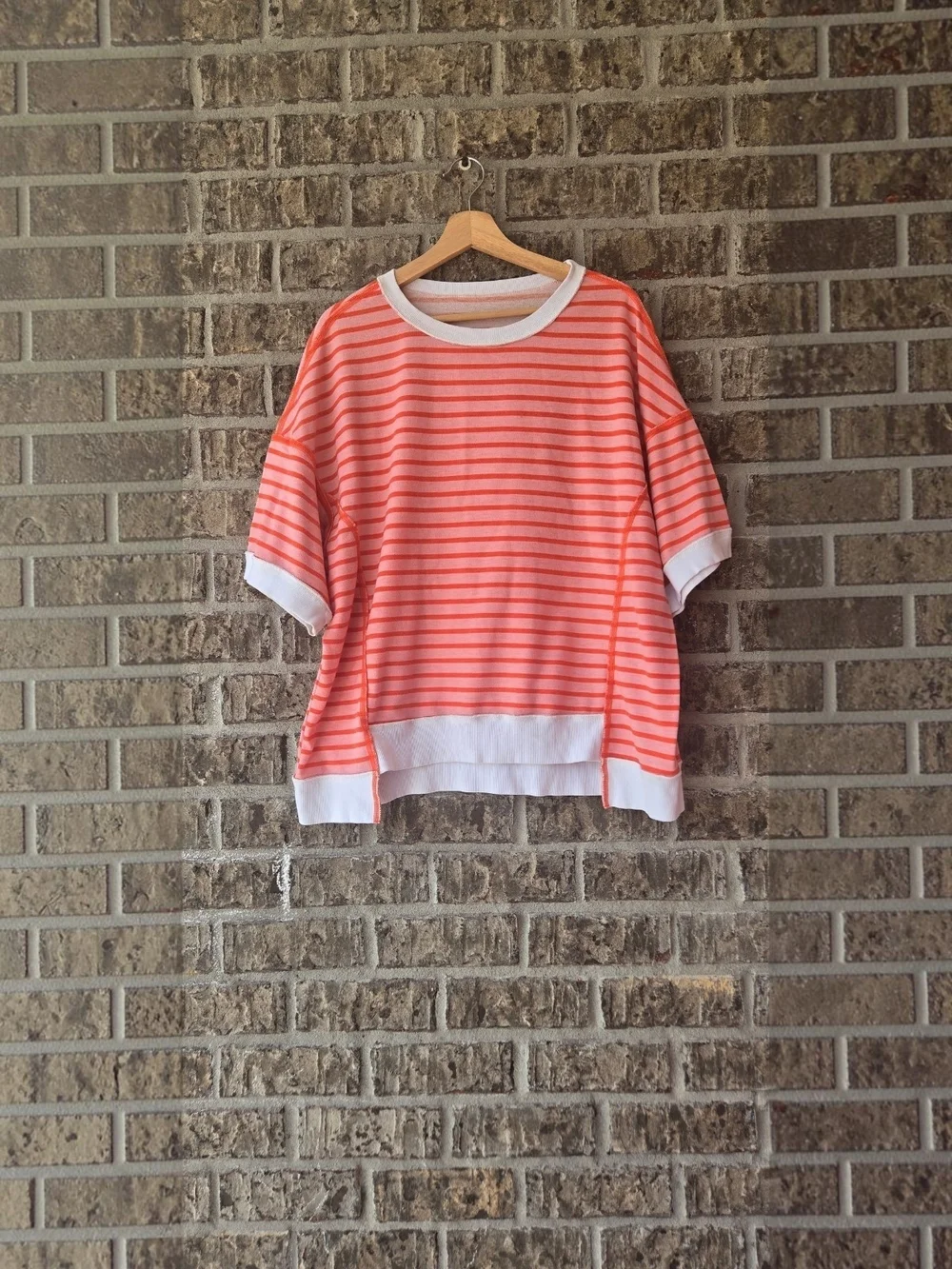 Amazon Women's Pink & Coral Striped Short Sleeve Top / Size L